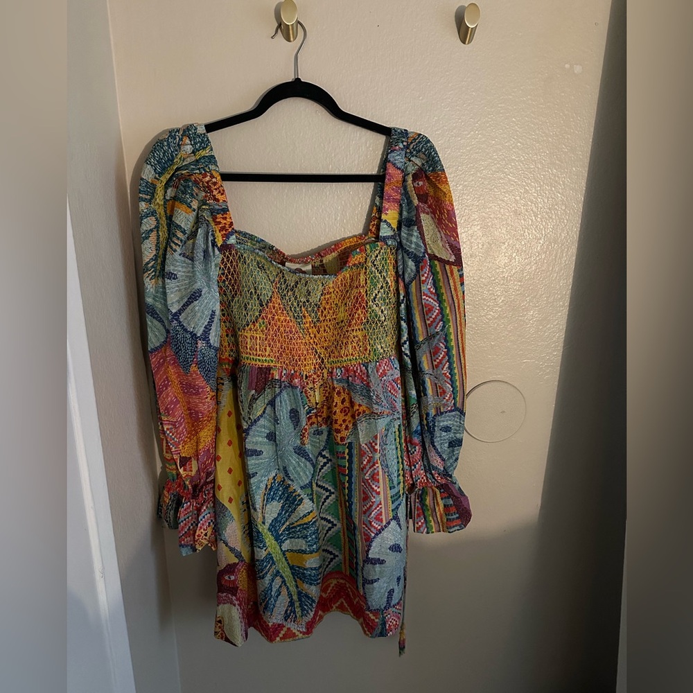 FARM RIO Summer Tapestry Smocked Minidress